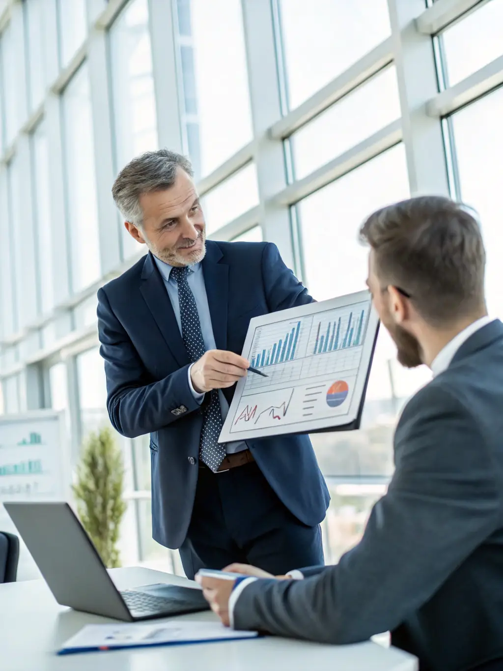 A financial advisor discussing wealth management plans with a client in an office setting, emphasizing trust and personalized service.
