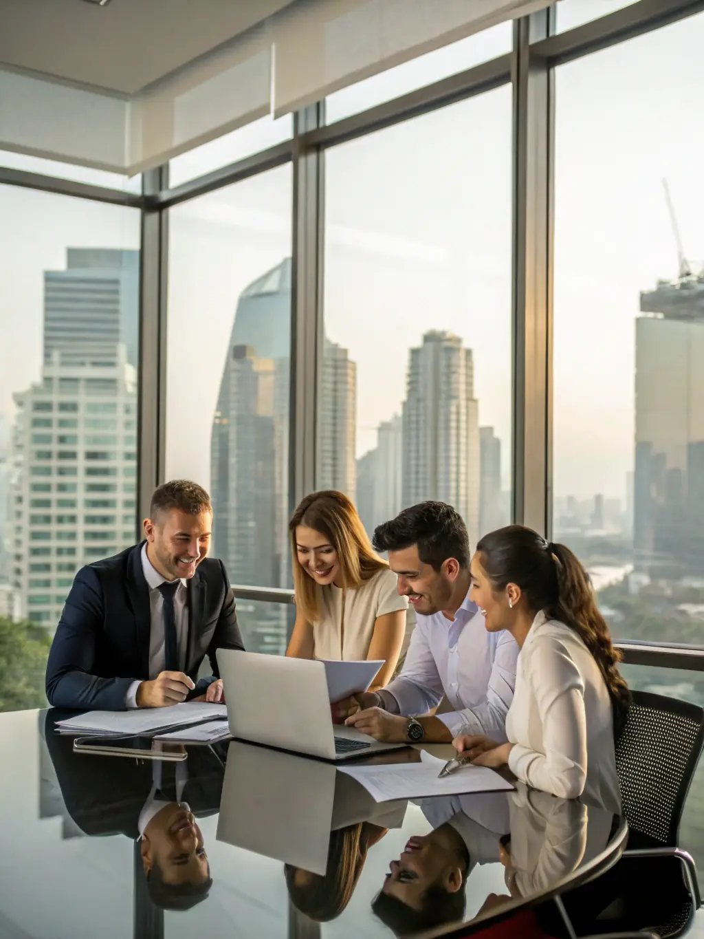 Image of a diverse group of Mexican business professionals collaborating in a modern office, symbolizing financial growth and success.