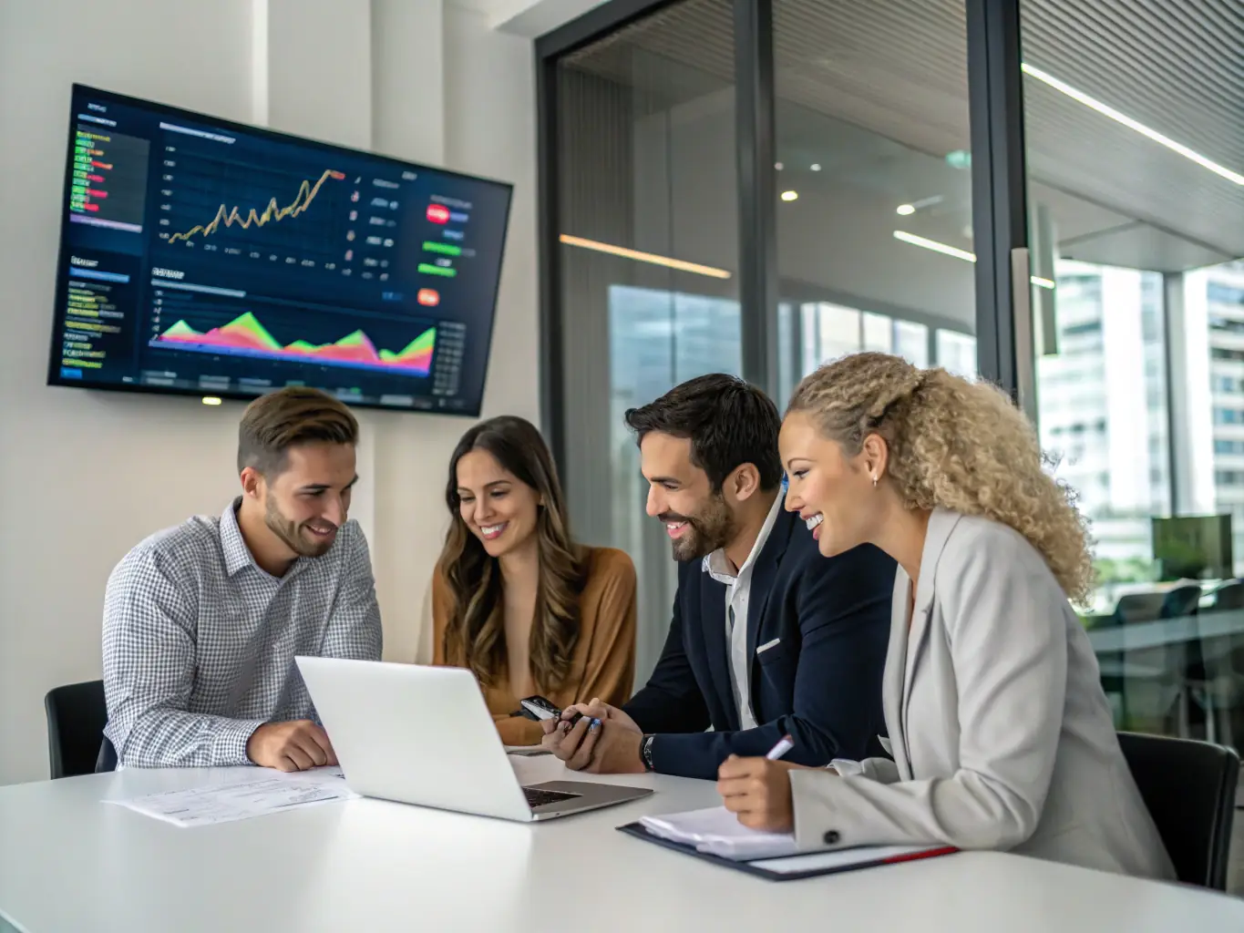 A diverse team of financial consultants collaborating in a modern office, reviewing financial documents and discussing strategies, symbolizing expertise and teamwork.
