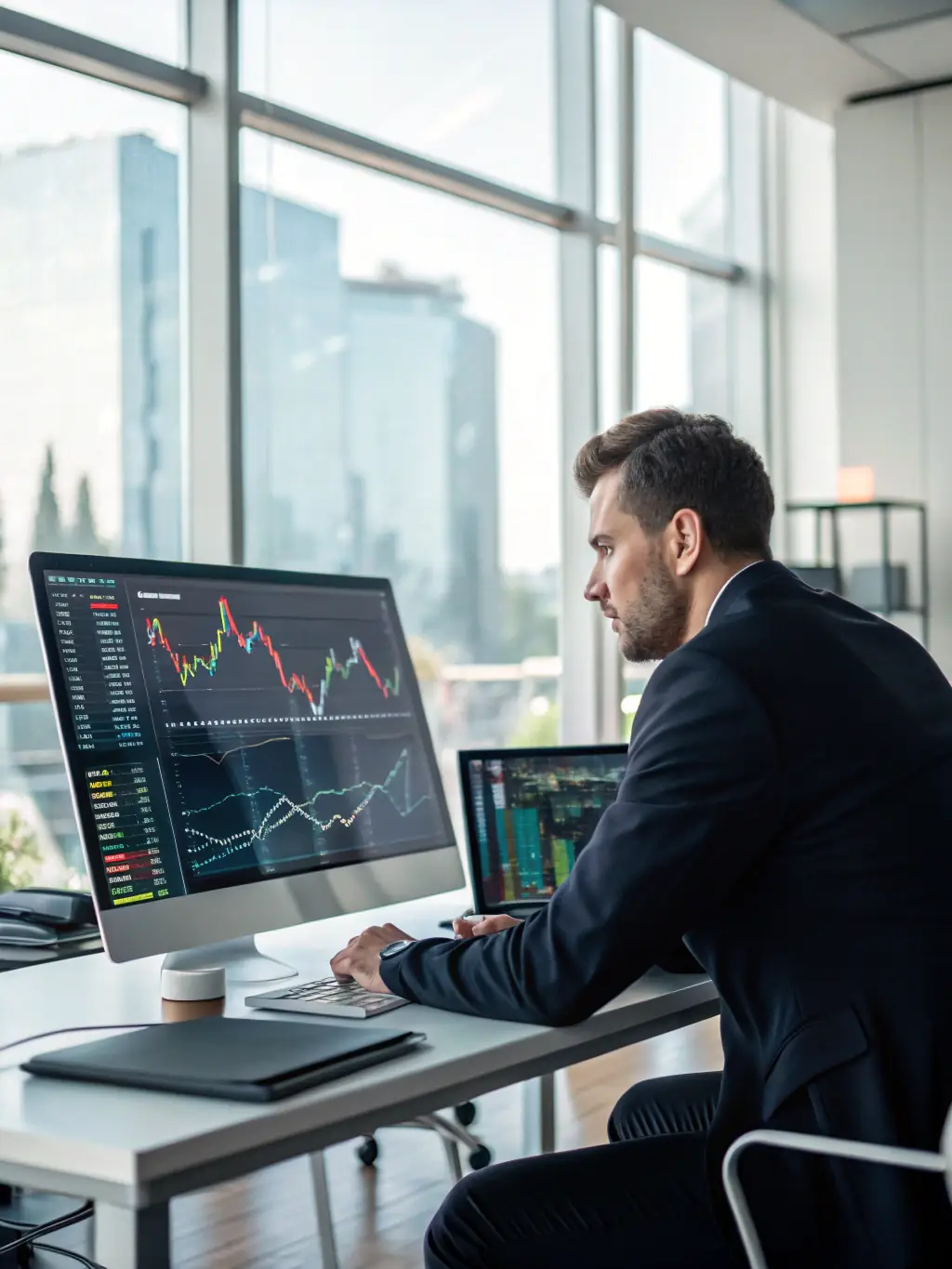 A professional financial advisor analyzing market data on a computer screen with charts and graphs, representing investment strategies.