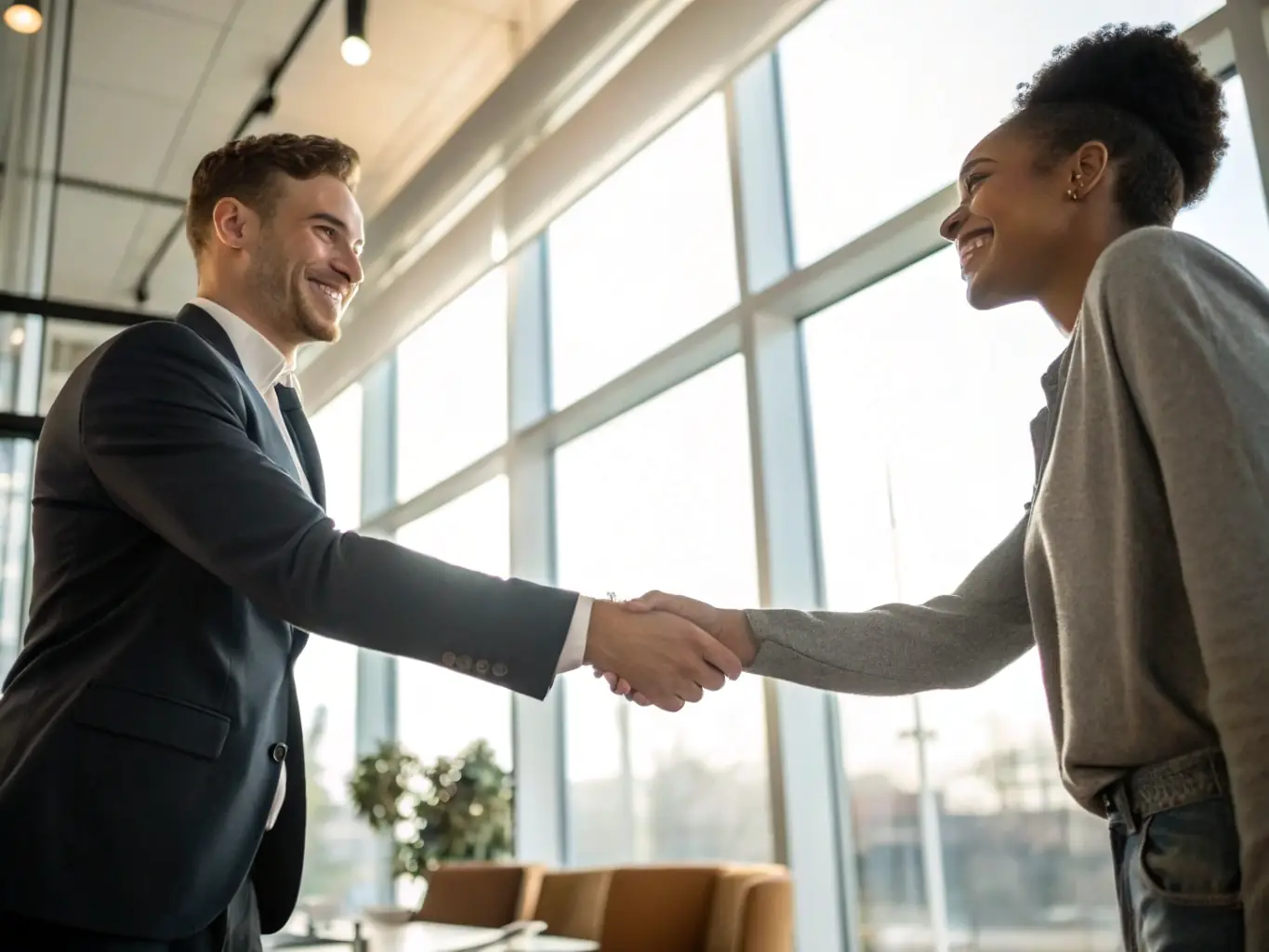 A handshake between a financial consultant and a client in a bright, modern office, symbolizing trust and partnership.