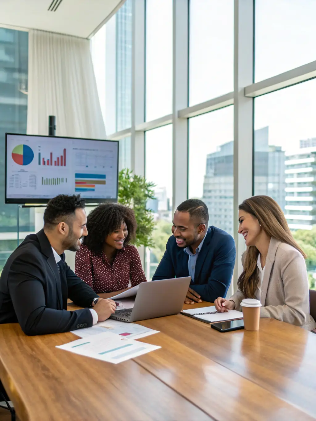 A diverse group of business professionals collaborating around a table, reviewing financial reports and discussing business strategies in Mexico.