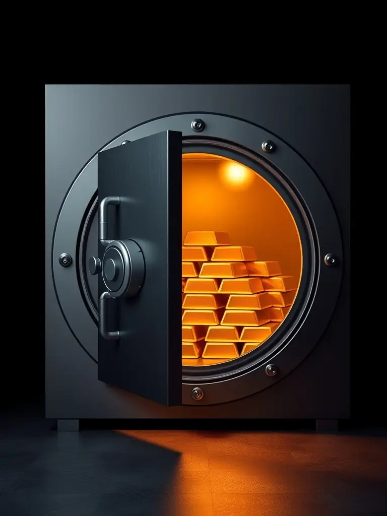 A secure vault with gold bars and financial documents, symbolizing wealth preservation and secure asset management.