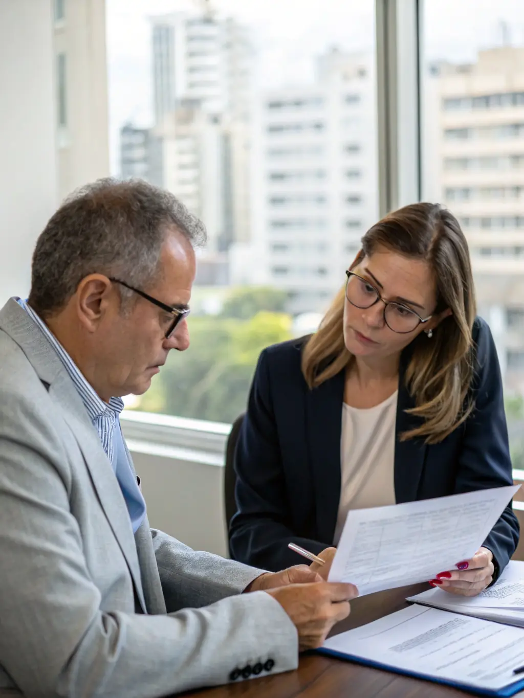 A professional advisor in a suit, smiling confidently while reviewing financial documents with a client in a modern office setting, symbolizing personalized financial advice.